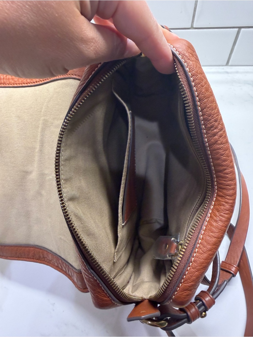 J. Crew Pebbled Leather Saddle Crossbody in Cognac Brown - Picture 4 of 11